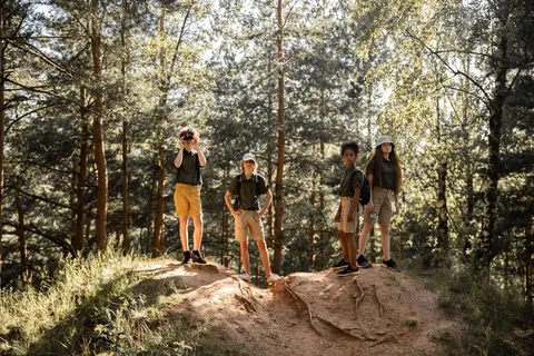 A group of children hiking along a forest trail among tall pine trees